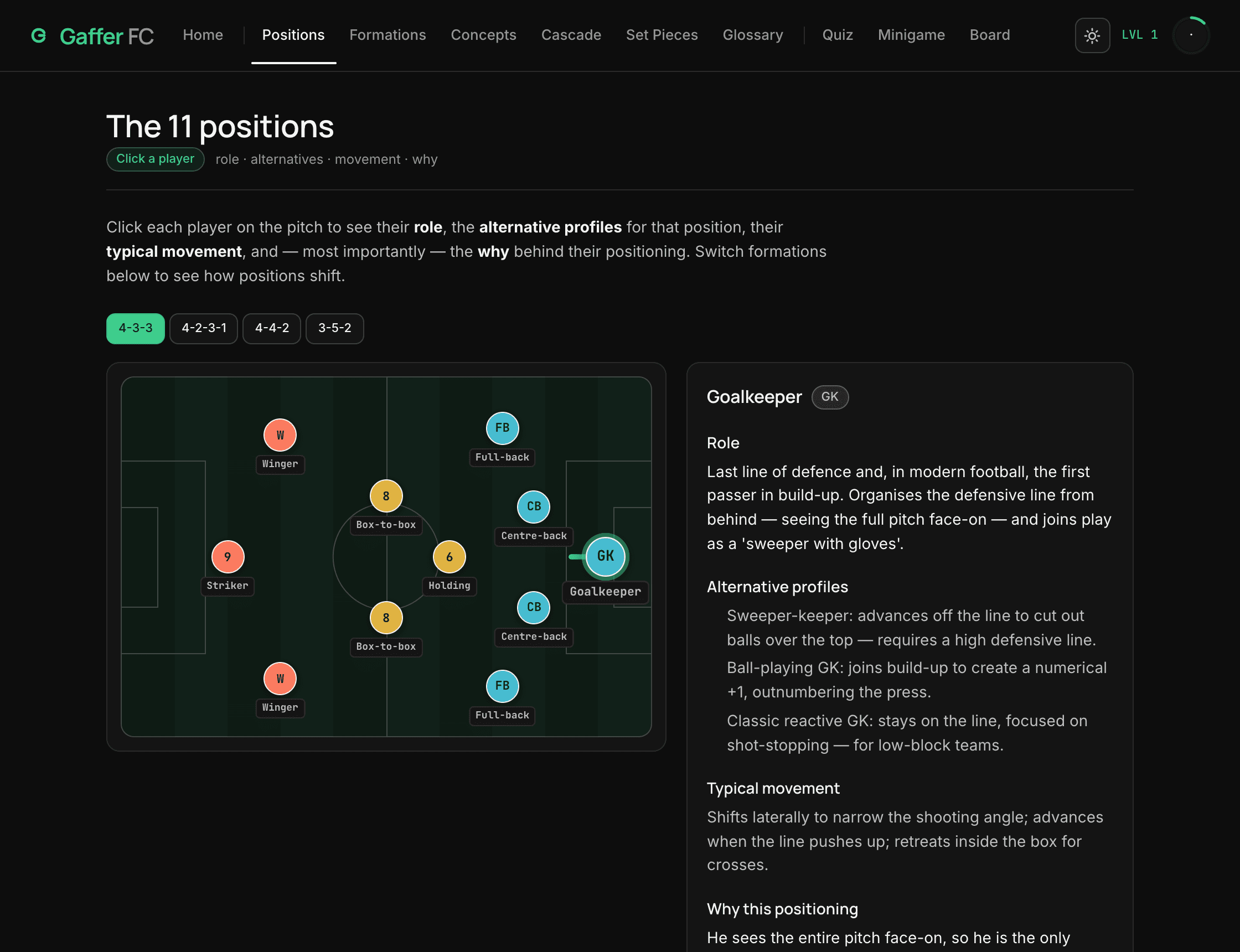 The Positions screen: an interactive 4-3-3 pitch with colour-coded roles and a side panel explaining each position.