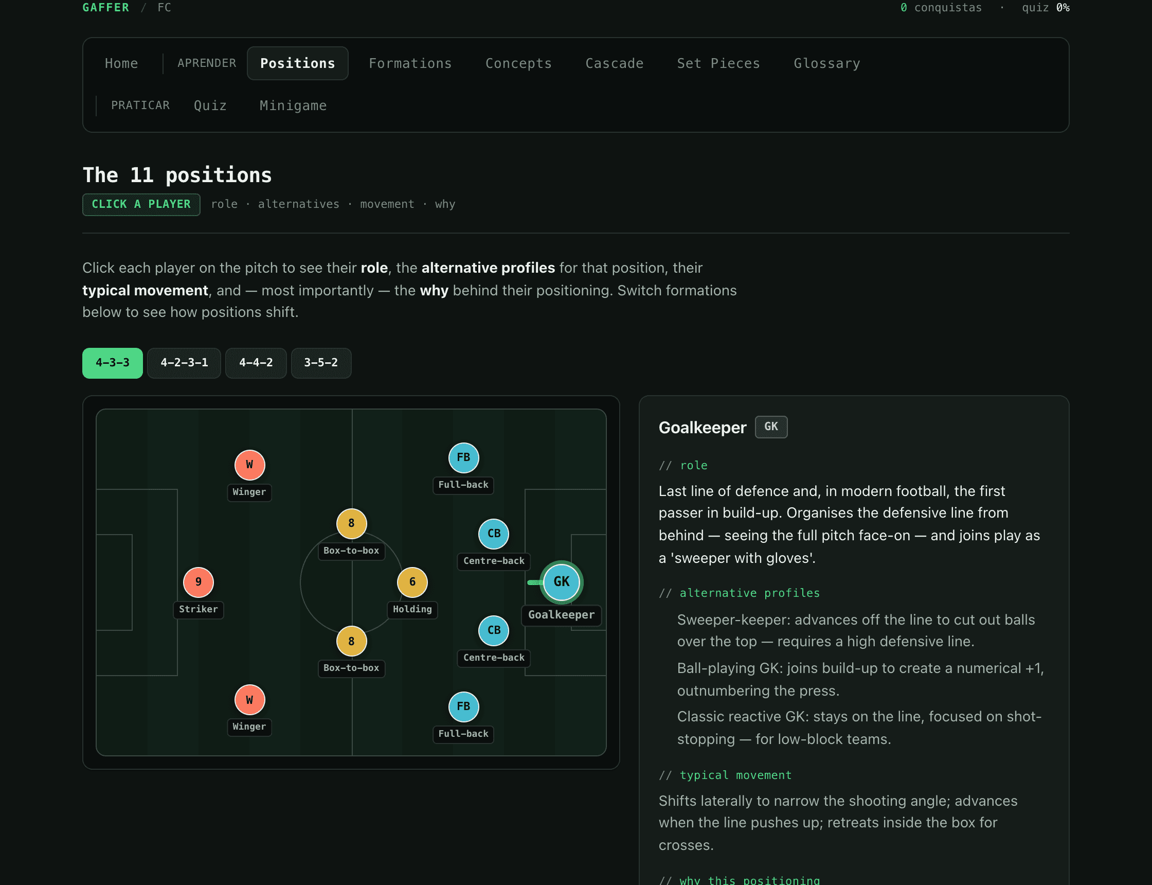 The Positions screen: an interactive 4-3-3 pitch with colour-coded roles and a side panel explaining each position.