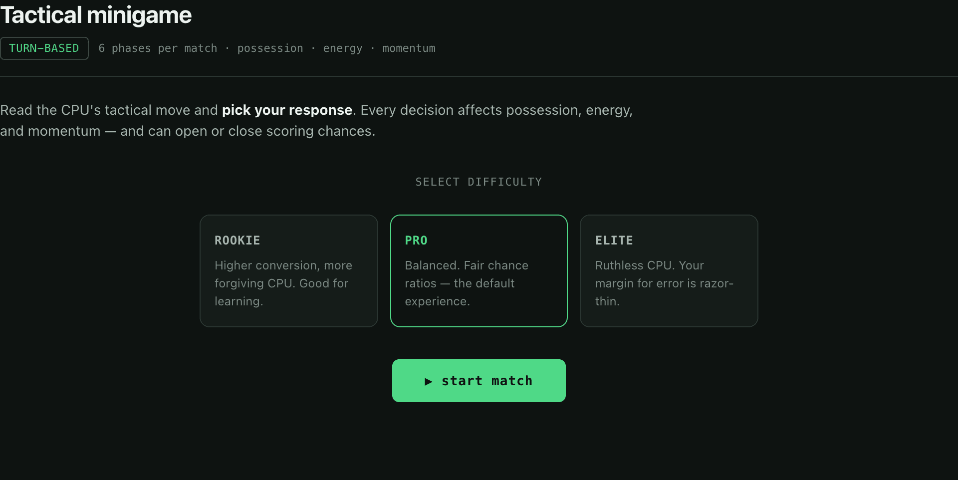 Turn-based tactical minigame: read the CPU's move, pick your response, watch possession and momentum shift.